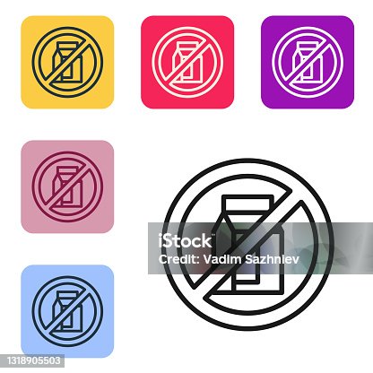 istock Black line No pack of milk icon isolated Black line background. Not allow milk. Allergy concept, lactose intolerance allergy warning sign. Set icons in color square buttons. Vector 1318905503