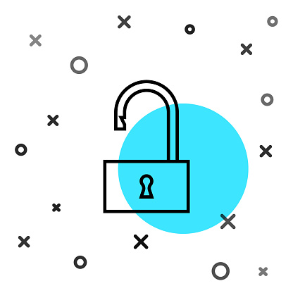 Black line Open padlock icon isolated on white background. Opened lock sign. Cyber security concept. Digital data protection. Random dynamic shapes. Vector Illustration