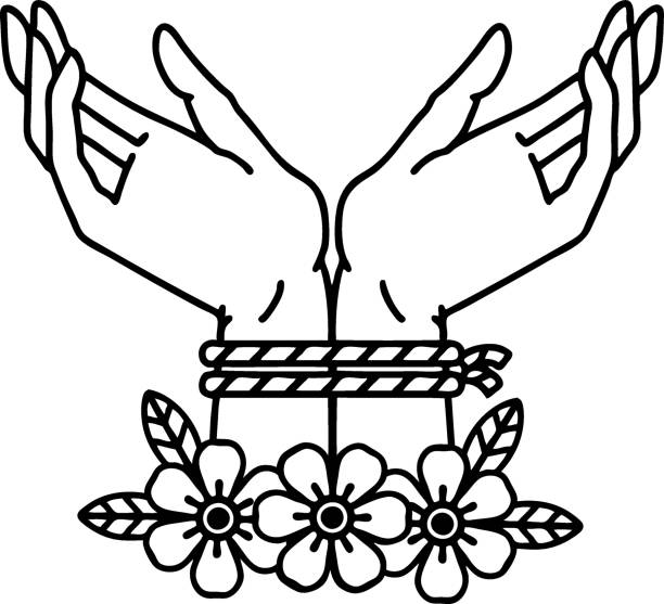 black line tattoo of hands tied tattoo in black line style of hands tied hands tied up stock illustrations