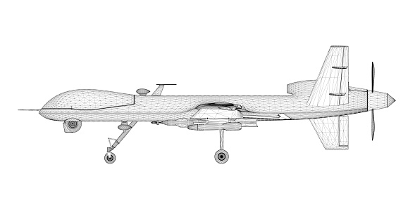 Black lines combat drone wireframe isolated on white background. Side view. 3D. Vector illustration.