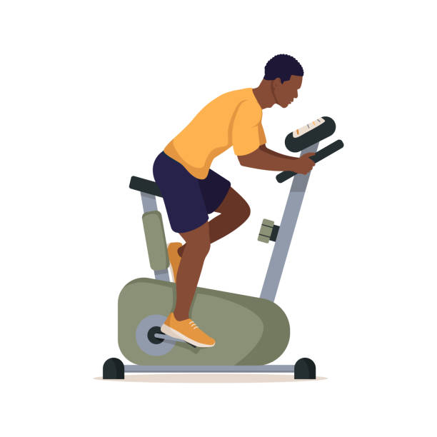 Black male on exercise bike, isolated on white background Black male on exercise bike, isolated on white background. Sports, Workout at home or in gym. Riding indoors sport exercise bicycle. Cardio fitness training equipment. Side view, vector illustration peloton stock illustrations