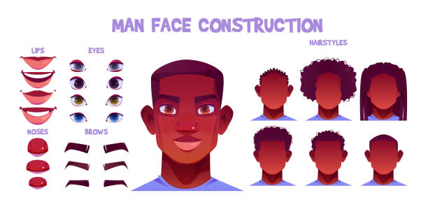 bildbanksillustrationer, clip art samt tecknat material och ikoner med svart man ansikte konstruktion, avatar skapande set - mouth vector black