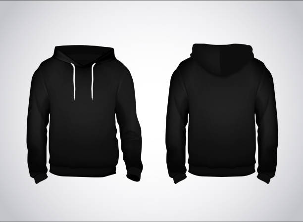 Black men's sweatshirt template with sample text front and back view. Hoodie for branding or advertising. Black men's sweatshirt template with sample text front and back view. Hoodie for branding or advertising. hoodie stock illustrations