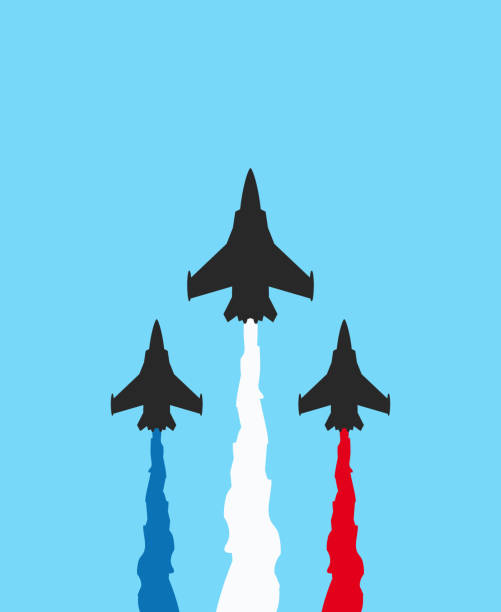 Black military fighters with colored trails on blue background. Jets show vector illustration Vector illustration flat design of black military fighters with colored trails on blue background. Jets show vector illustration airplane backgrounds stock illustrations