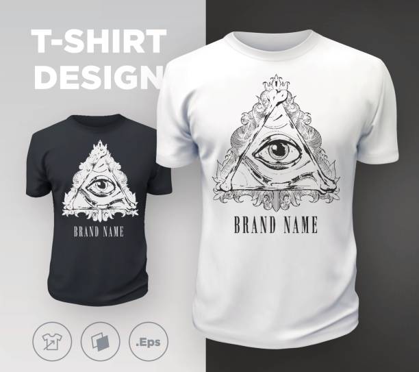 ilustrações de stock, clip art, desenhos animados e ícones de black modern t-shirt print design with all-seeing eye. - tshirt mockup