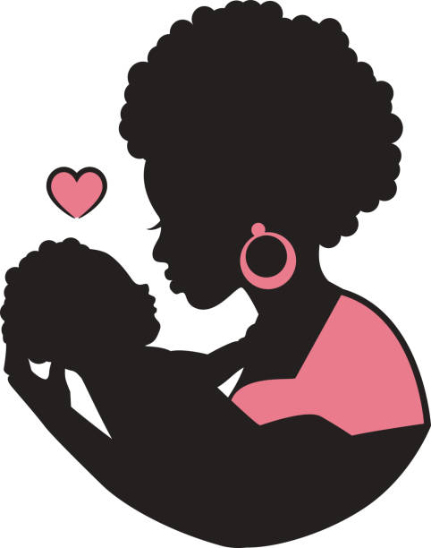 black mother with a baby in her arms silhouette of african black curly mom with a baby in her arms and a heart mother silhouettes stock illustrations