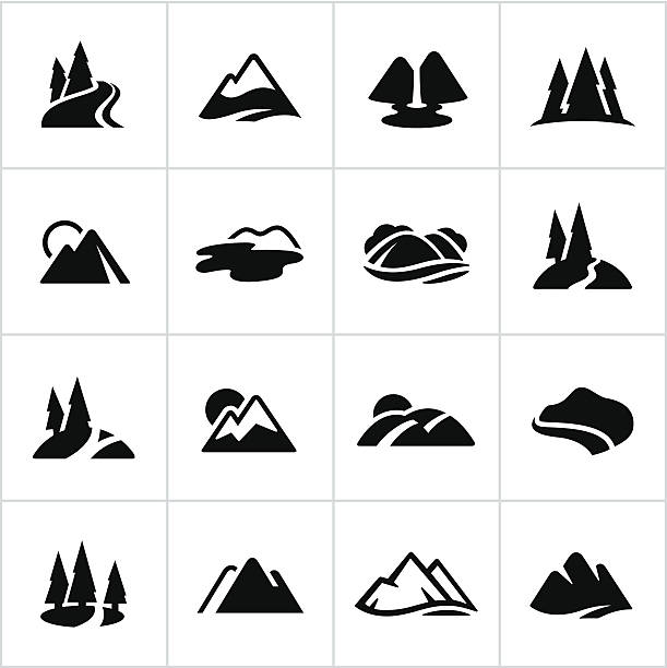 Black Mountains, Hills and Water Ways Icons Stylized icons of mountain ranges, hills, bodies of water etc. All white strokes/shapes are cut from the icons and merged allowing the background to show through. river icons stock illustrations
