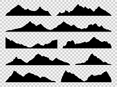 Black mountains silhouettes. Ranges skyline, high mountain hike landscape, alpine peaks. Extreme hiking vector nature border shape drawing hills set