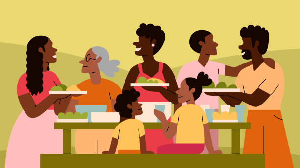 A Black Multigenerational Family and Friends Enjoy a Picnic Together Outside A black multigenerational family and friends, with seniors, kids and same-sex parents enjoy a picnic outside together party social event illustrations stock illustrations