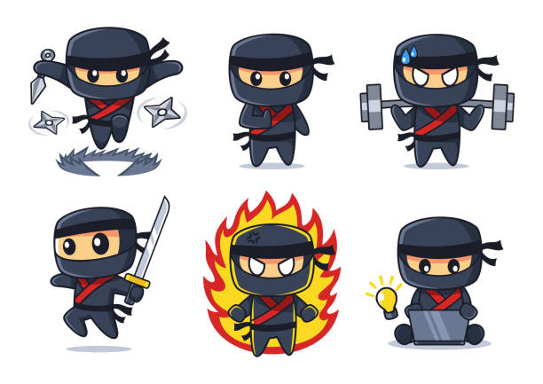 illustrations, cliparts, dessins animés et icônes de collection noire de dessin animé de ninja dans divers ensemble de poses - ninja
