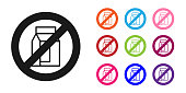 istock Black No pack of milk icon isolated Black background. Not allow milk. Allergy concept, lactose intolerance allergy warning sign. Set icons colorful. Vector 1320806800