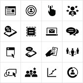 Online marketing and advertising related icons. All white strokes/shapes are cut from the icons and merged allowing the background to show through.