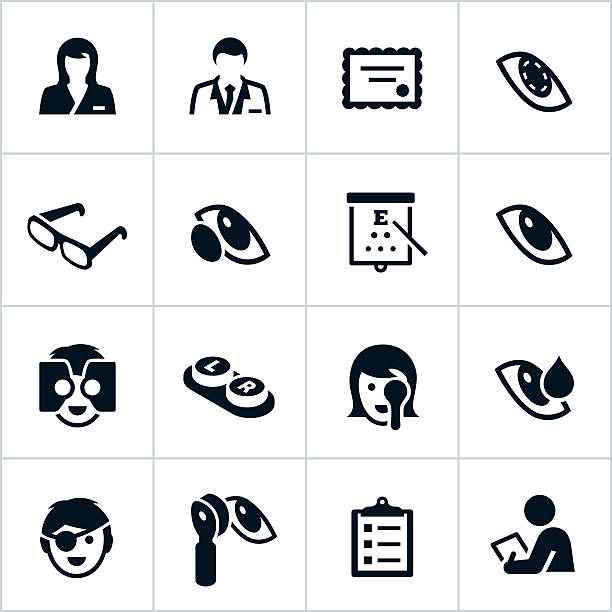 Black Optometry Icons Optometry and eye care icons. All white strokes/shapes are cut from the icons and merged allowing the background to show through. eye doctor stock illustrations
