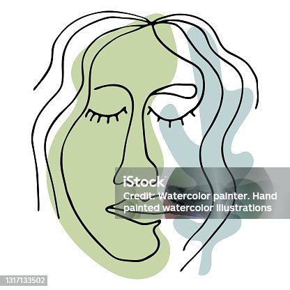 istock Black outline abstract face on white background. Hand drawing line art illustration. Female portrait with colorful geometric shapes. 1317133502