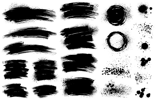 Set of ink splashes and paint backgrounds. Hand drawn design elements. Isolated vector grunge image black on white.