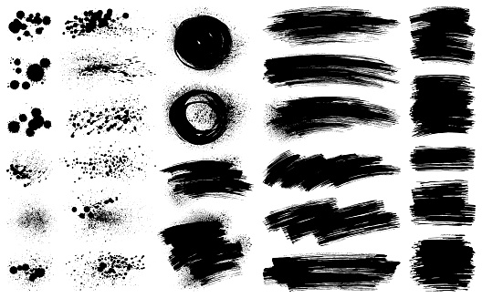 Set of ink splashes and paint backgrounds. Hand drawn design elements. Isolated vector grunge images black on white.