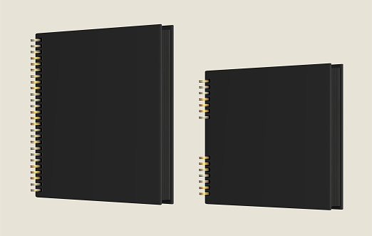 Black Photo albums or gift books with black pages and golden spirals. Vector realistic Mockup. Square and vertical shape. Empty Templates. Standing closed books with hardcover. EPS10.