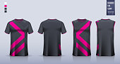 Black Pink T-shirt mockup or sport shirt template design for soccer jersey or football kit. Tank top for basketball jersey or running singlet. Abstract fabric pattern for sport uniform in front view back view. Vector Illustration.