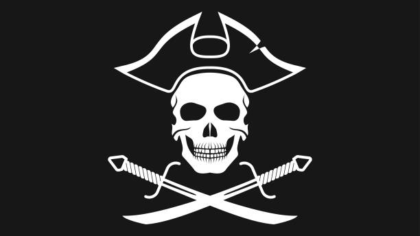 Black pirate flag with skull and sabers vector art illustration