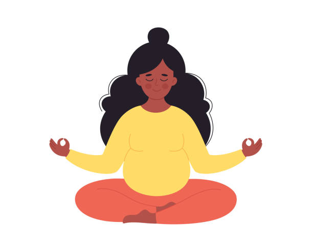 Black pregnant woman meditating in lotus pose. Healthy pregnancy, yoga, relax, breathing exercise. Hand drawn vector illustration Black pregnant woman meditating in lotus pose. Healthy pregnancy, yoga, relax, breathing exercise. Vector illustration pregnant drawings stock illustrations