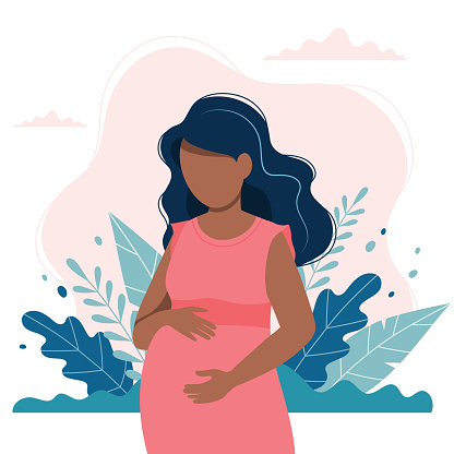 Black pregnant woman with nature and leaves background. Concept vector illustration in flat style.