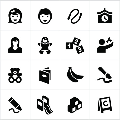 Preschool or day care related icons. All white strokes/shapes  are cut from the icons and merged allowing the background to show through.