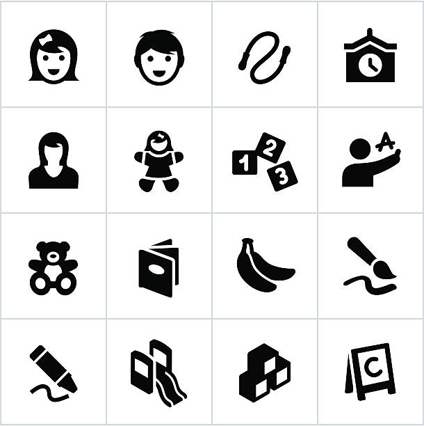 Black Preschool and Day Care Icons Preschool or day care related icons. All white strokes/shapes  are cut from the icons and merged allowing the background to show through. child symbols stock illustrations