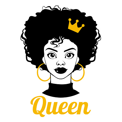 Black Queen. Black woman. Afro American girl. Curly hair, golden earrings and crown. Fashion Illustration on white background
