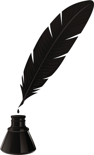 Black quill and ink well on white background 
