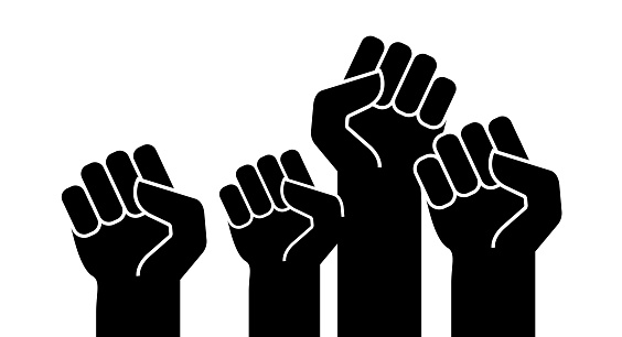Black raised up hands. Protest power fists. Vector illustration