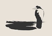 Illustration of the black raven bird sitting on brush stroke. Vector art.