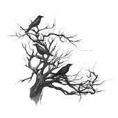 Monochrome hand drawn watercolor ink illustration with tree branches, twigs and black ravens. Crows on the old dead tree. Scary Halloween background.