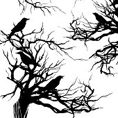 Monochrome hand drawn watercolor ink illustration with tree branches, twigs and black ravens. Crows on the old dead tree. Scary Halloween background.