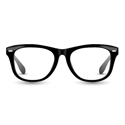 Black realistic glasses frame illustration. Eyeglasses retro style vector with drop shadow.