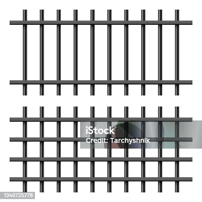 istock Black realistic metal prison bars isolated on white background. Detailed jail cage, prison iron fence. Criminal background mockup. Creative vector illustration 1340725778