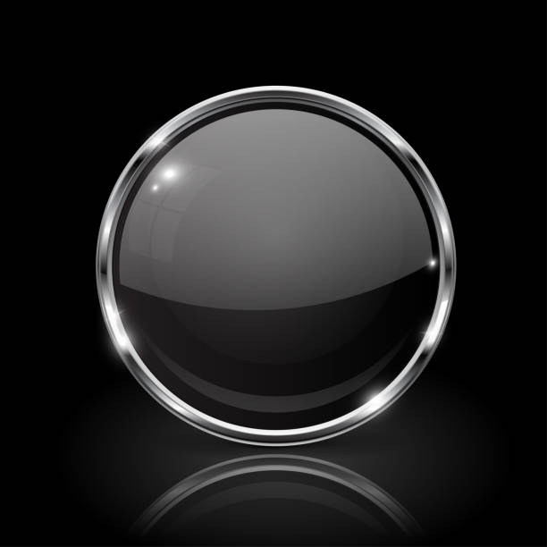 Black round glass button. 3d icon with metal frame Black round glass button. 3d icon with metal frame. Vector illustration on black background metal borders stock illustrations