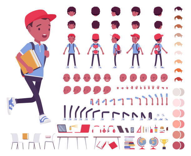 Black school boy in a casual wear construction set Black school boy in a casual wear construction set. Cute guy, active young kid, smart elementary pupil, 7, 9 year old creation elements to build own design. Cartoon flat style infographic illustration group of objects stock illustrations