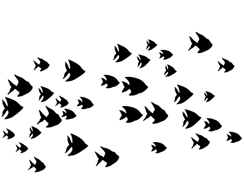 Black school of fish swimming vector illustration.