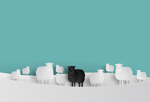 Black Sheep in White Sheep Group in Paper cut Style