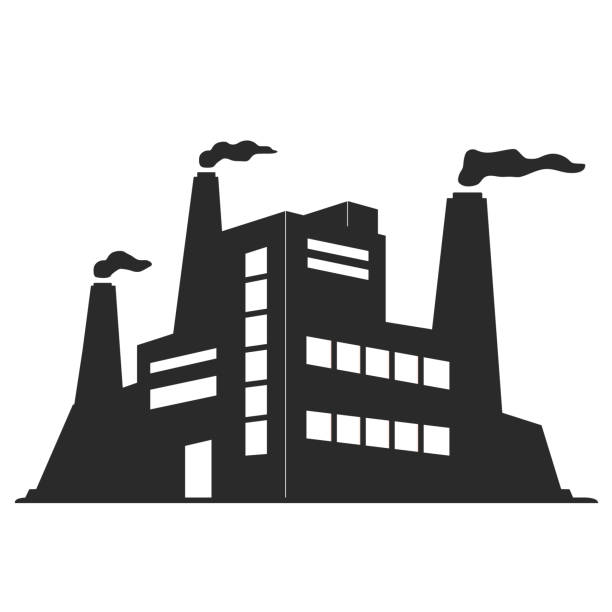 Black silhouette of a factory. The facade of an industrial building with smoking chimneys.Plant air pollution. Vector flat illustration.Manufacturing factory icon isolated on white background. factory silhouettes stock illustrations