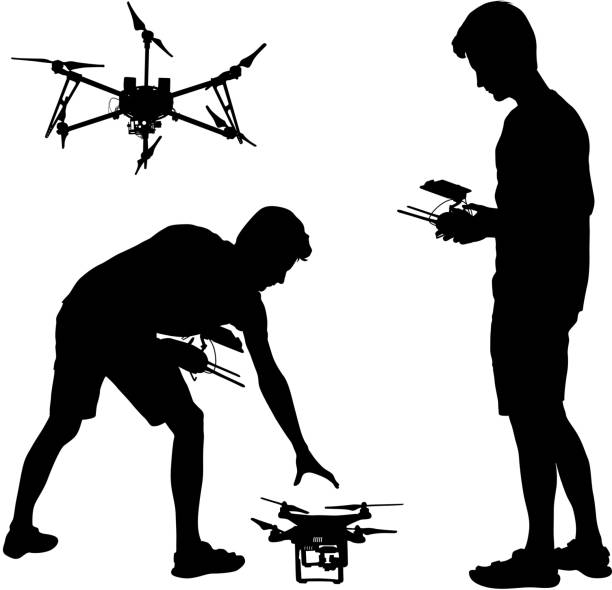 Black silhouette of a man operates unmanned quadcopter vector illustration Black silhouette of a man operates unmanned quadcopter vector illustration. drone silhouettes stock illustrations