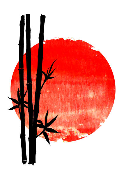 Black silhouette of bamboo plants on big red sun vector art illustration