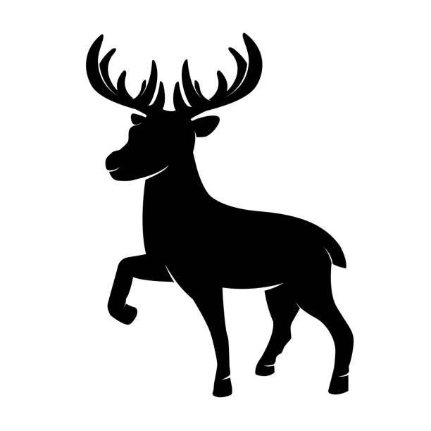 聖誕角馴鹿的黑色剪影在最小的平面風格。一個單一站立可愛的北方鹿哺乳動物動物吉祥物字元的向量圖，孤立在白色背景 - 芬蘭拉普蘭區 幅插畫檔、美工圖案、卡通及圖標