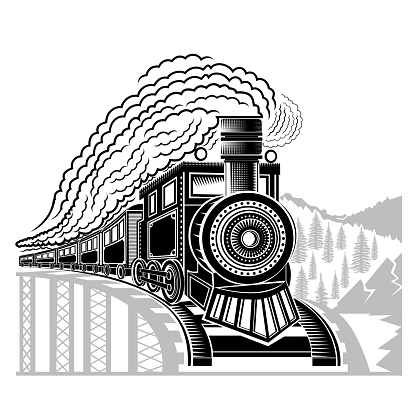 Black silhouette of face old locomotive with smoke on bridge and wild landscape. Engraving illustration isolated on white