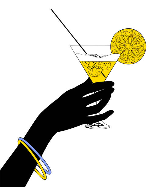 Black silhouette of female hand holding a cocktail with a slice and ices in the cone glass Black silhouette of female hand holding a cocktail with a slice and ices in the cone glass. Vintage engraving stylized drawing. Vector illustration cocktail silhouettes stock illustrations