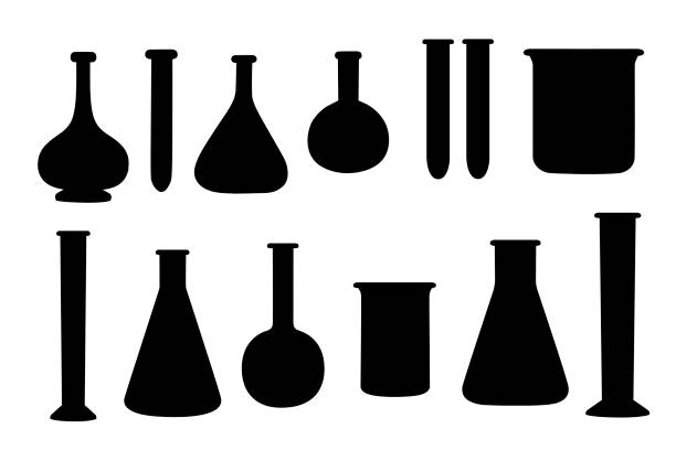 Black silhouette set of laboratory chemistry flasks with different size and shapes and filled with liquid flat vector illustration isolated on white background Black silhouette set of laboratory chemistry flasks with different size and shapes and filled with liquid flat vector illustration isolated on white background. laboratory silhouettes stock illustrations
