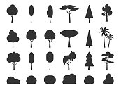 Black trees and bushes, glyph icon set. Template different shape birch, fir, palm, symbol. Collection graphic silhouette plant, forest, park, garden, simple sign. Isolated on white vector illustration