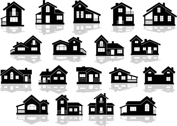 Black silhouettes of houses and cottages Black silhouettes of houses and cottages with reflections on white background, for real estate design door silhouettes stock illustrations