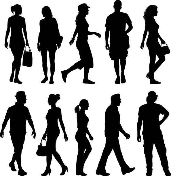 bildbanksillustrationer, clip art samt tecknat material och ikoner med black silhouettes of men and women against white background - woman walking