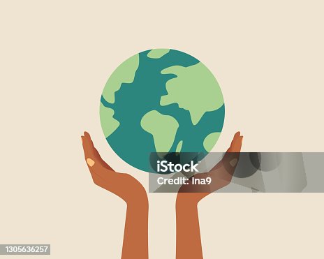 istock Black skin hands holding globe, earth. Earth day concept. Earth day vector illustration for poster, banner,print,web. Saving the planet,environment.Modern cartoon flat style illustration 1305636257